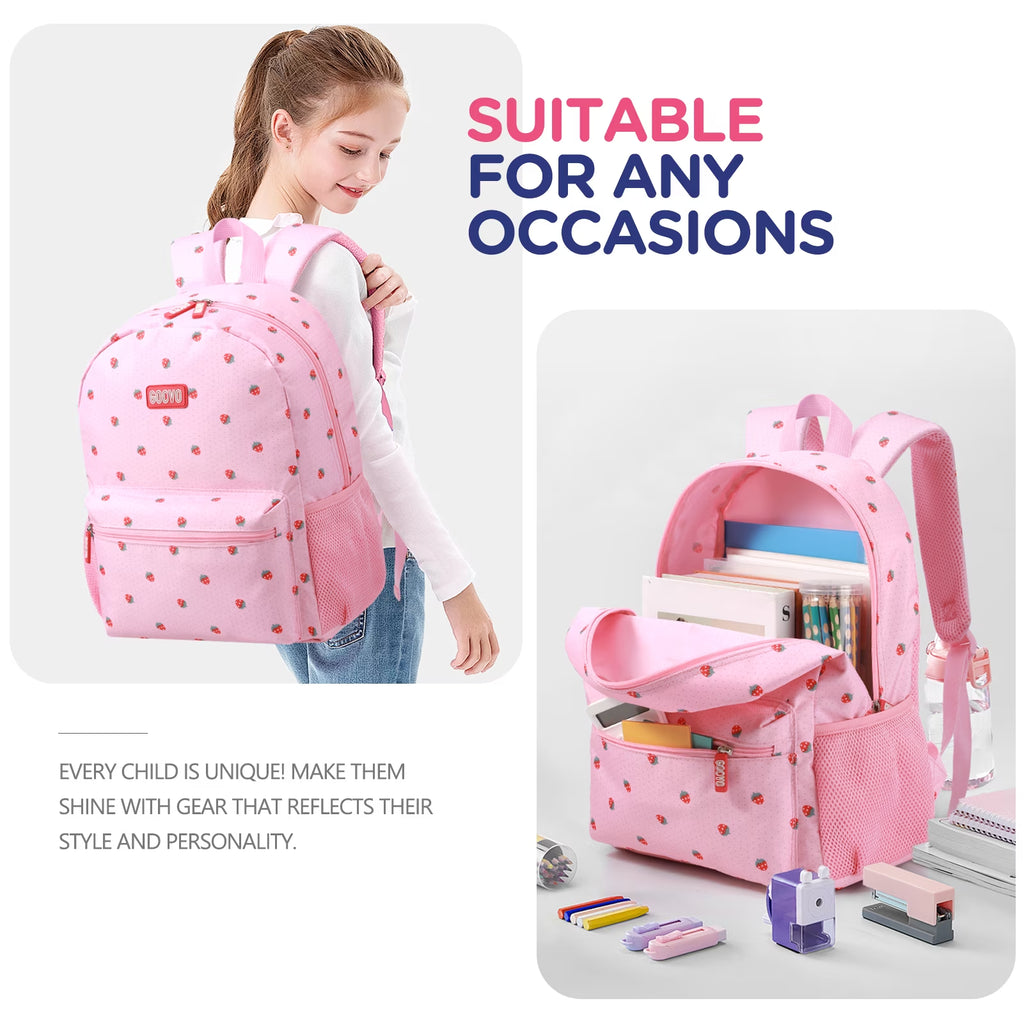 Kids Backpack for Girls, Waterproof Teens Bookbag Cute School Backpacks, Pink Strawberry Pattern