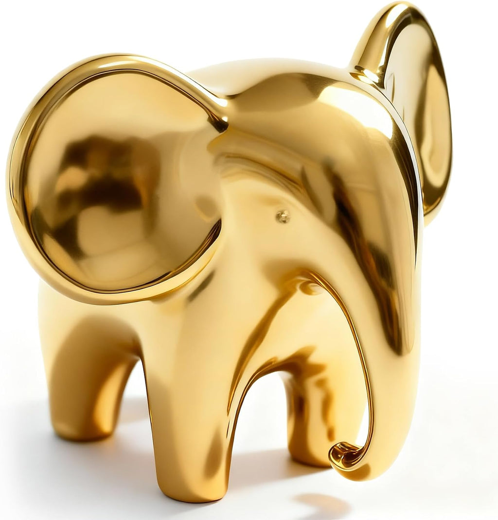 Elephant Figurine, Ceramic Elephant Statue with Metallic Mirror Finish, Modern Shelf & Table Decor, Good Luck Housewarming Gift for Living Room or Office (Female, Gold)