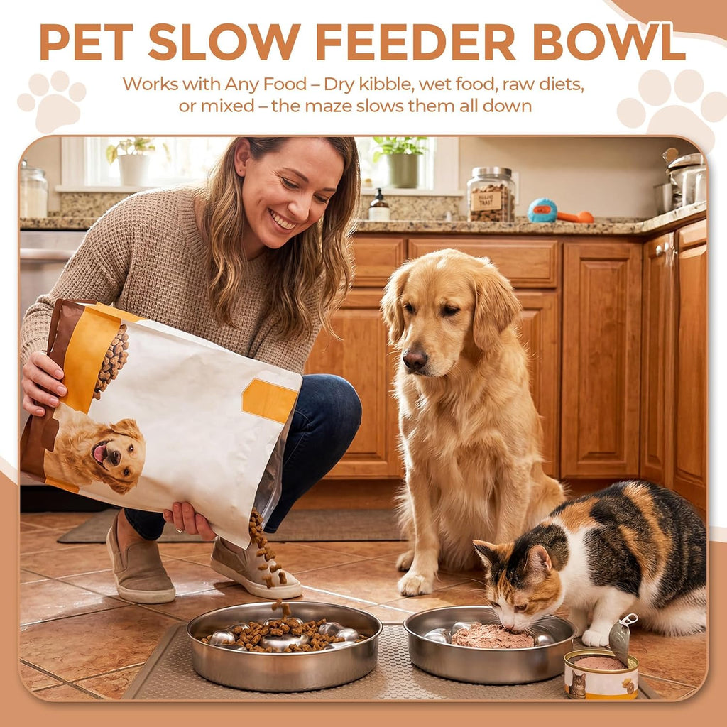 2 Pack Stainless Steel Slow Feeder Bowls for Dogs Cats, 3 Cups Heavy Duty Large Capacity Slow Feed, Durable Chew Proof Design for Fast Eaters, Anxiety Relief, Calm Feeding, Dishwasher Safe