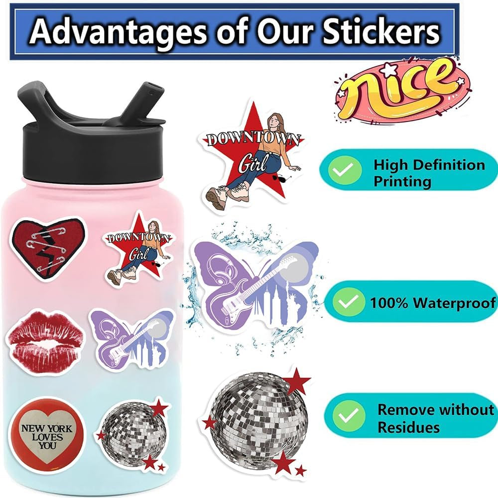 100Pcs Aesthetic Downtown Girls Stickers Pack, Aesthetic Holographic Stickers, Vinyl Waterproof Glitter Sticker, Cool Trendy Y2K Retro Sticker for Water Bottle Laptop Skateboard Party Supplies