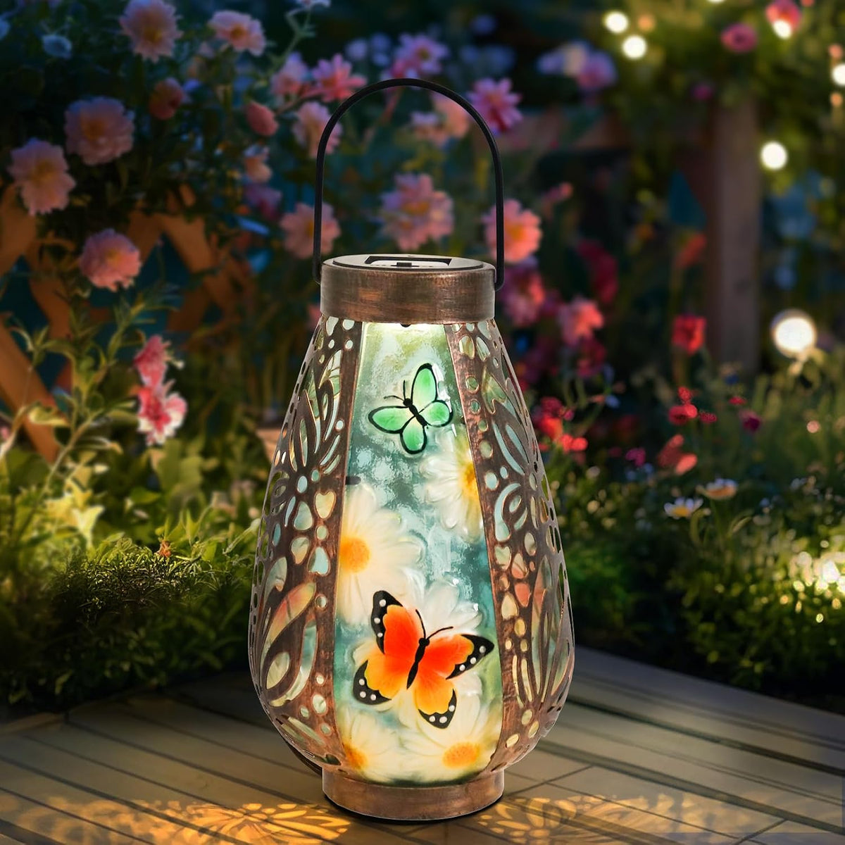 Butterfly Solar Lantern Outdoor Waterproof Hanging Garden Lights | Butterfly Artwork, Warm Glow with Floral Shadows, Solar Powered, Weather-Resistant Hanging Decor for Patio Garden and Yard