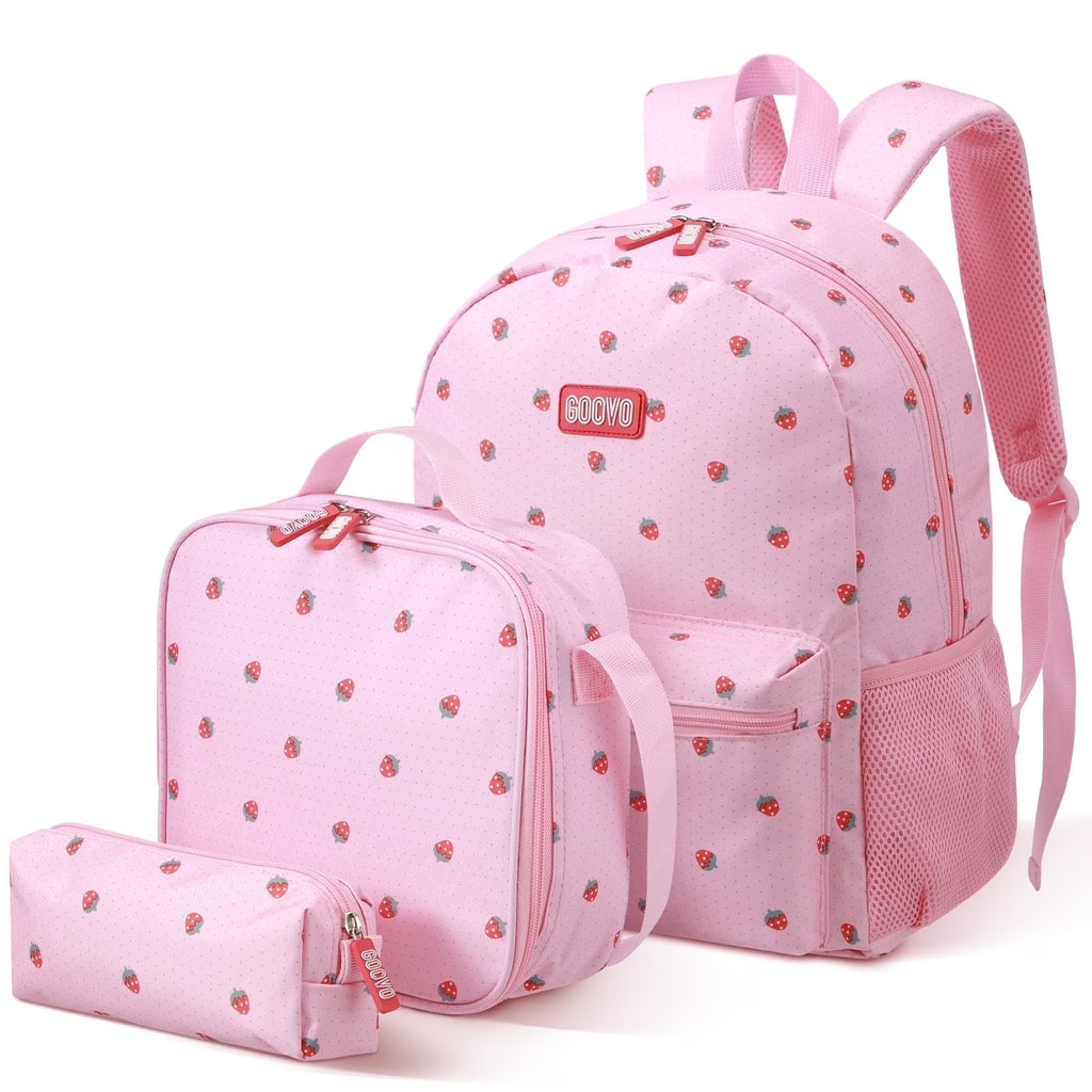 Kids Backpack for Girls, Waterproof Teens Bookbag Cute School Backpacks, Pink Strawberry Pattern