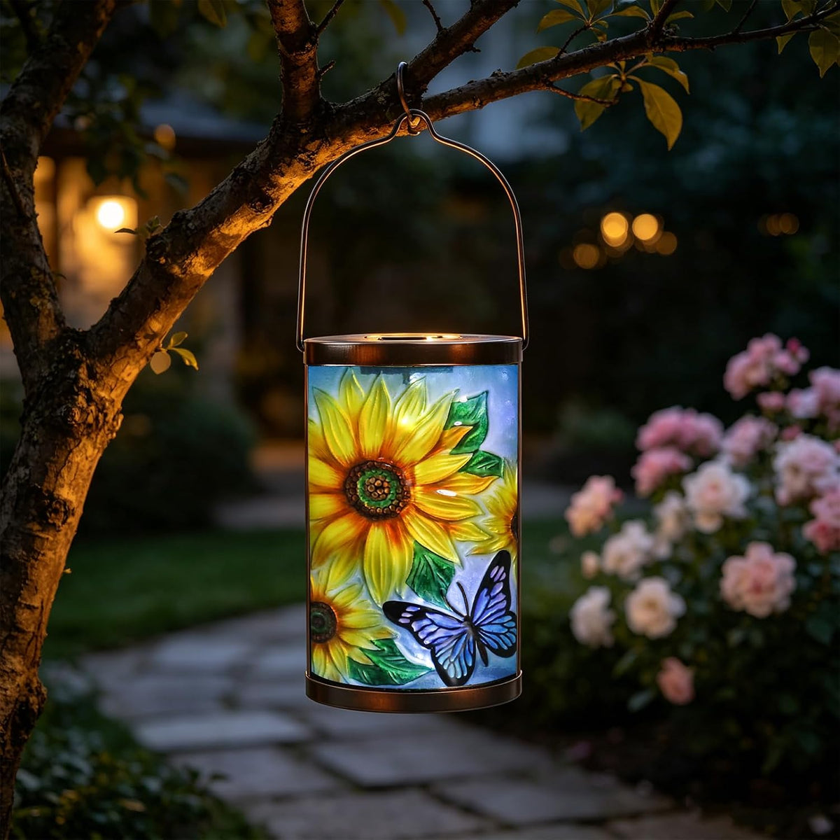 Sunflower Solar Lantern Outdoor Waterproof Hanging Garden Lights | Raised Sunflower Artwork, Colorful Fused Glass, Warm Dusk Glow, Solar Auto On/Off, Hangs or Stands on Patio, Porch and Garden