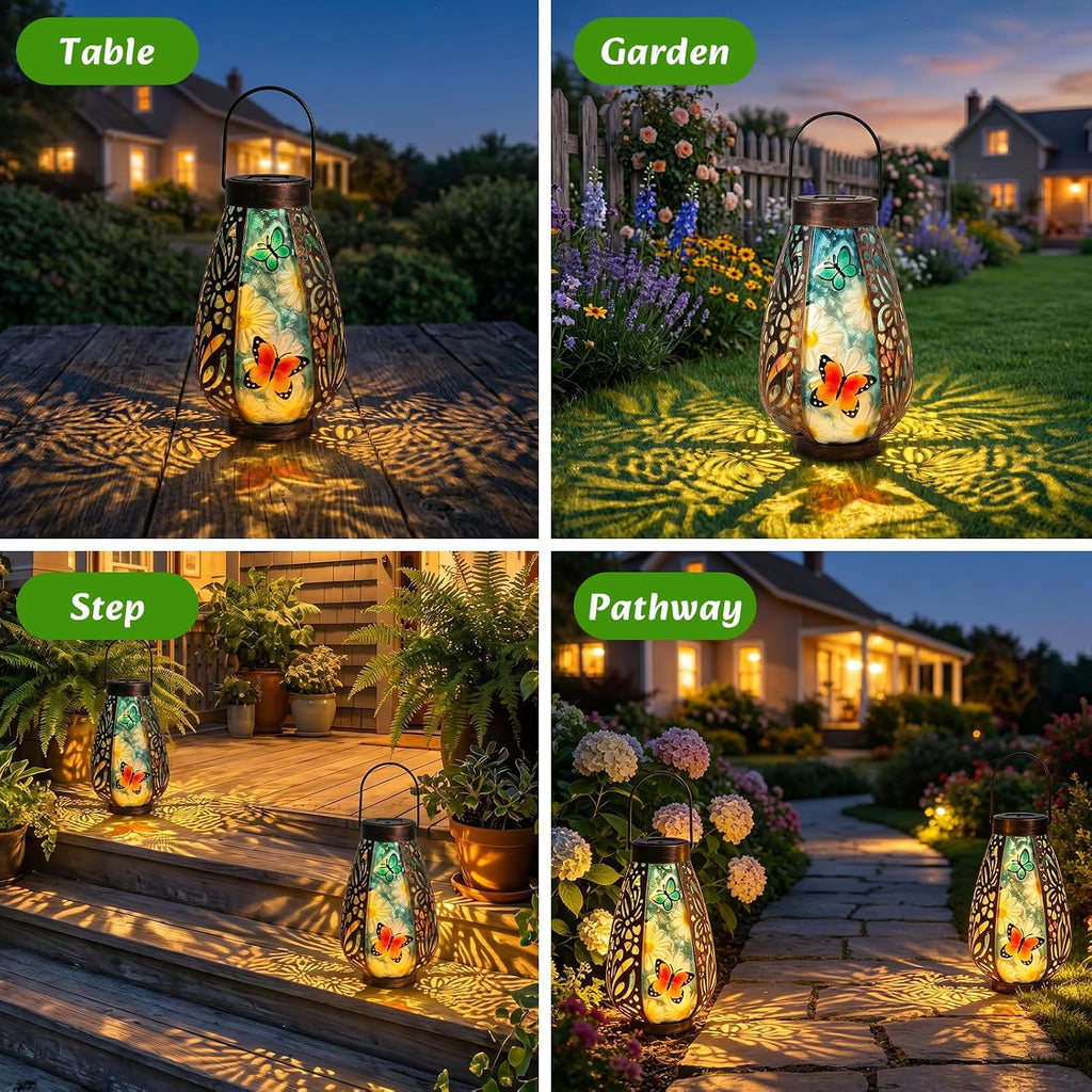 Butterfly Solar Lantern Outdoor Waterproof Hanging Garden Lights | Butterfly Artwork, Warm Glow with Floral Shadows, Solar Powered, Weather-Resistant Hanging Decor for Patio Garden and Yard