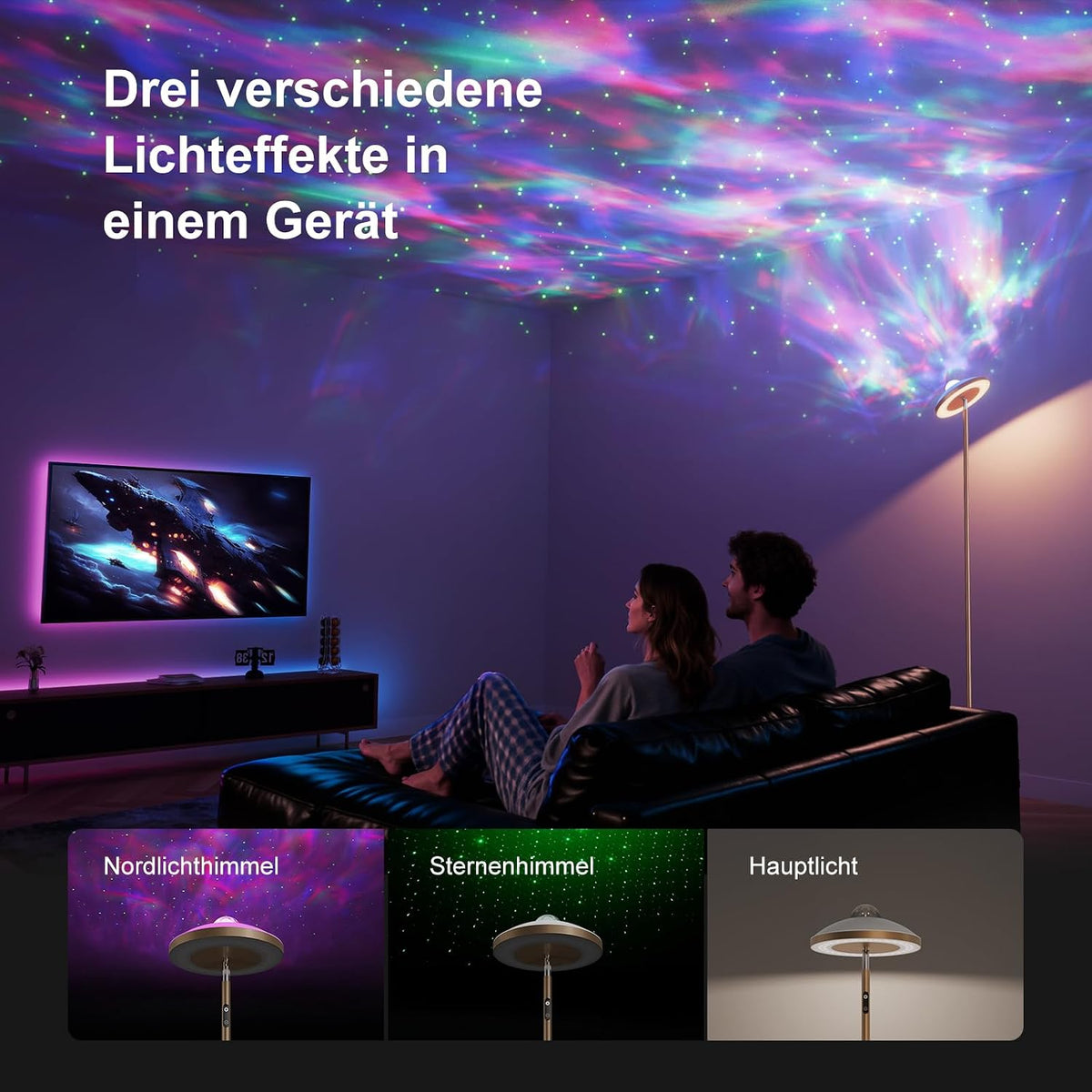 3-In-1 Floor Lamp, RGB Aurora & Galaxy Star Projector, 69", Gold | Magnetic Remote & Touch, 1400 Lm, 3000K–6000K Tunable White, 10%–100% Dimmable, 1 Hr Timer for Bedrooms, Kids' Rooms & Gaming