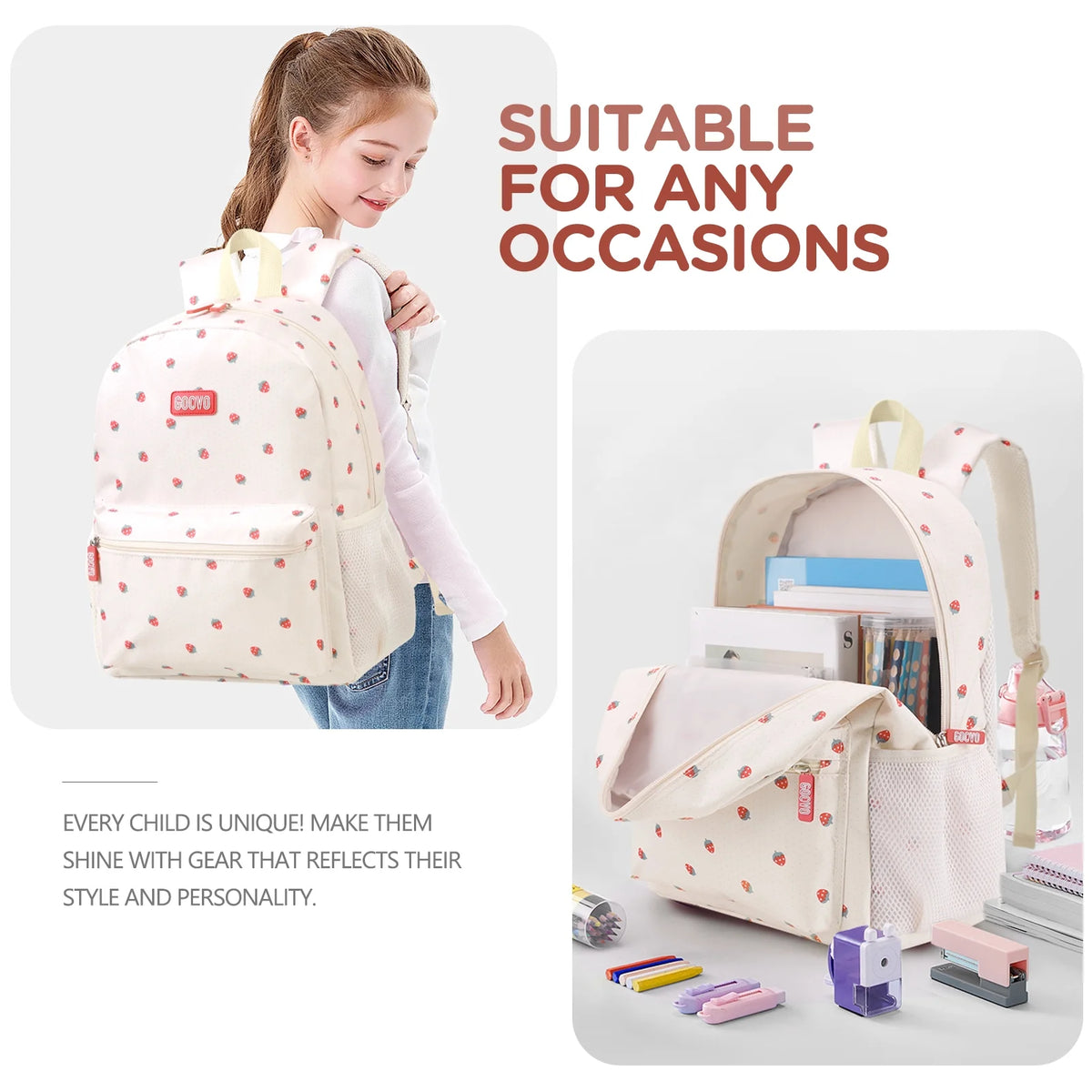Kids Backpack for Girls, Waterproof Teens Bookbag Cute School Backpacks, Beige Strawberry Pattern