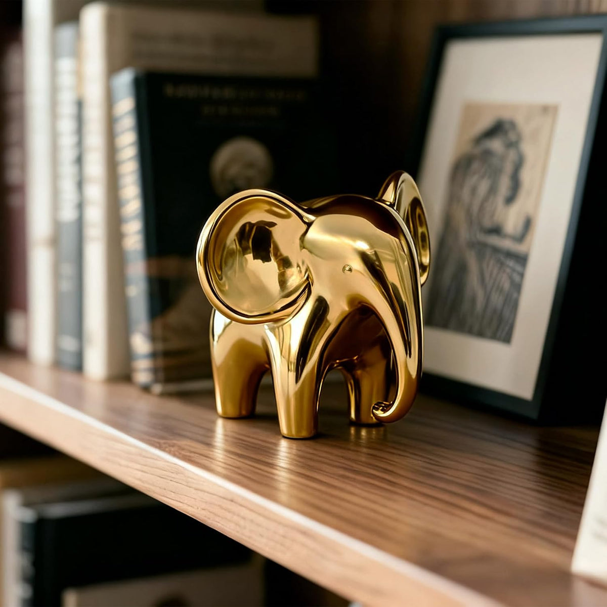 Elephant Figurine, Ceramic Elephant Statue with Metallic Mirror Finish, Modern Shelf & Table Decor, Good Luck Housewarming Gift for Living Room or Office (Female, Gold)
