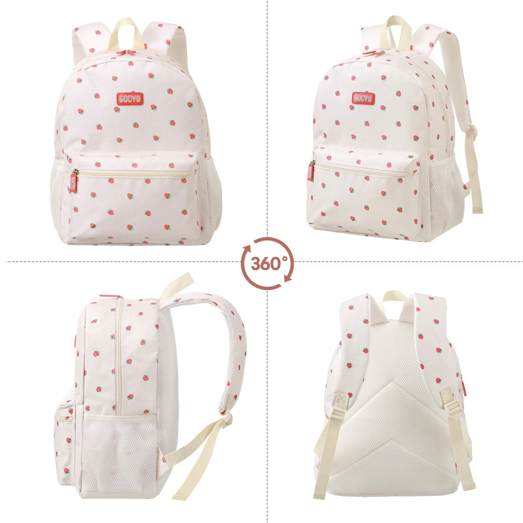 Kids Backpack for Girls, Waterproof Teens Bookbag Cute School Backpacks, Beige Strawberry Pattern