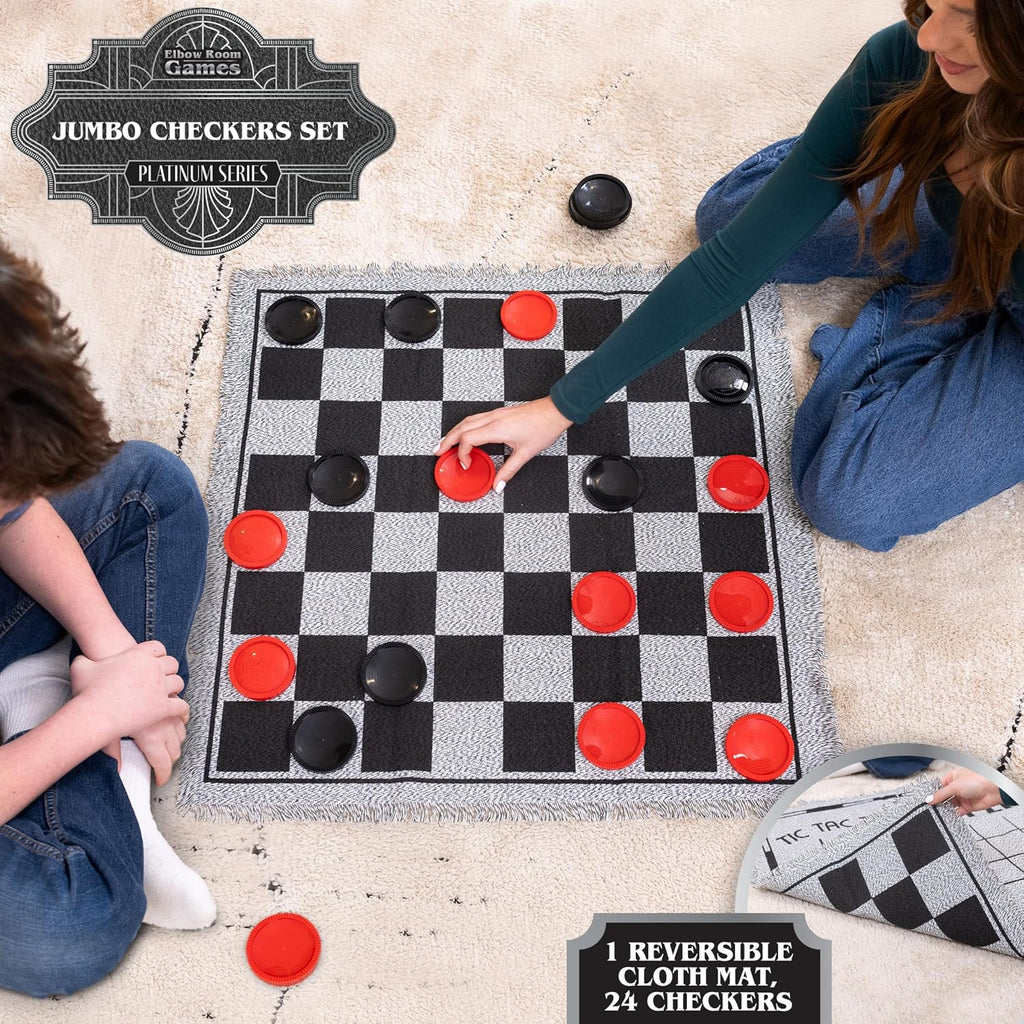 Giant Checkers Set - 3-In-1 with Reversible Mat - Ages 6+ | 28 in Play Surface, 25 Jumbo Pieces, Plastic Construction, Includes Storage Bag, 2 Player Game, 26 X 26 in Board