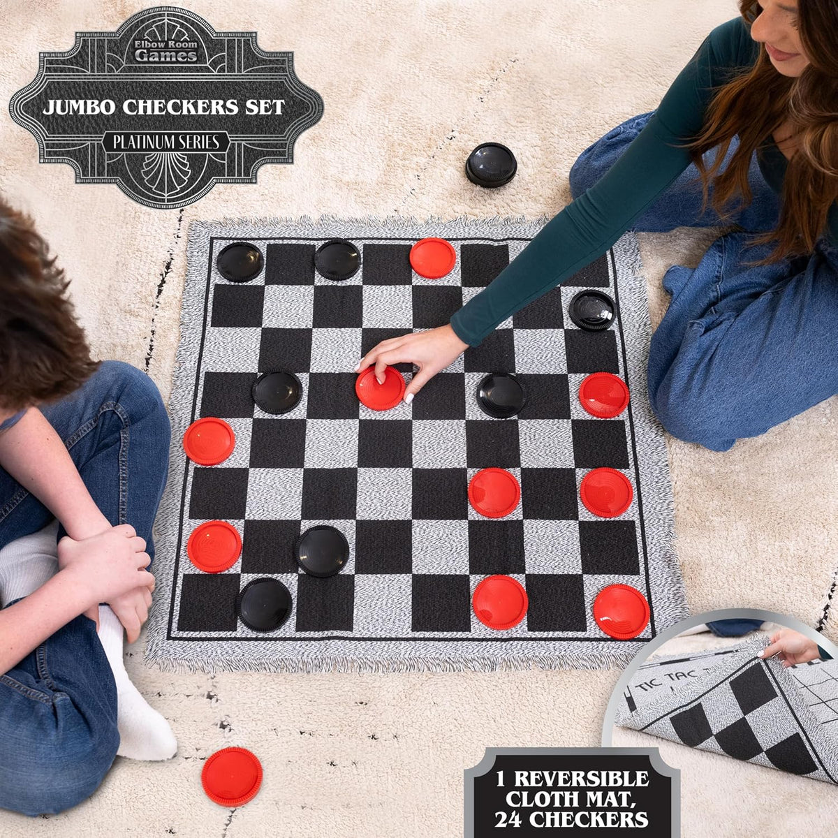 Giant Checkers Set - 3-In-1 with Reversible Mat - Ages 6+ | 28 in Play Surface, 25 Jumbo Pieces, Plastic Construction, Includes Storage Bag, 2 Player Game, 26 X 26 in Board