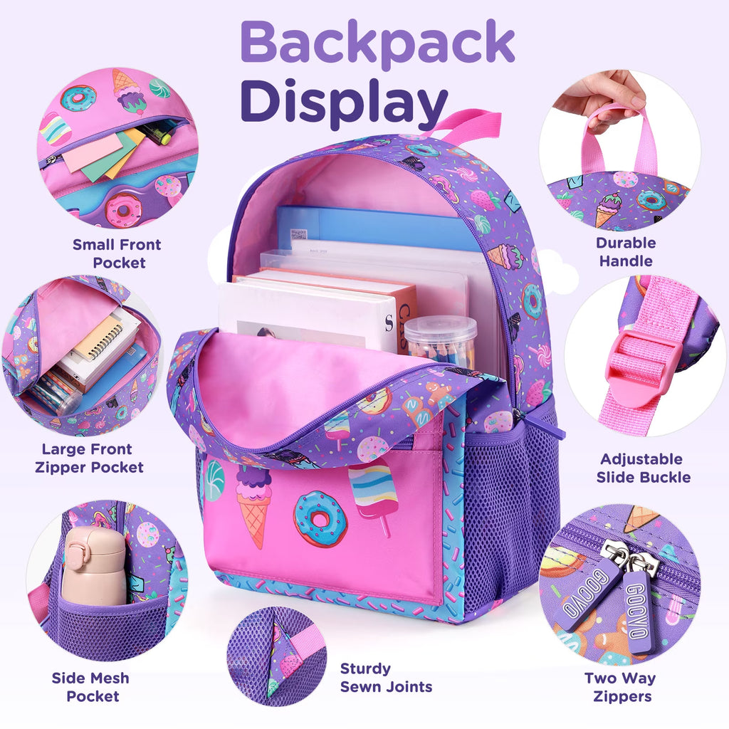 Kids Backpack for Girls, Waterproof Teens Bookbag Cute School Backpacks, Students Bookbag Set with Lunch Box(Donut)