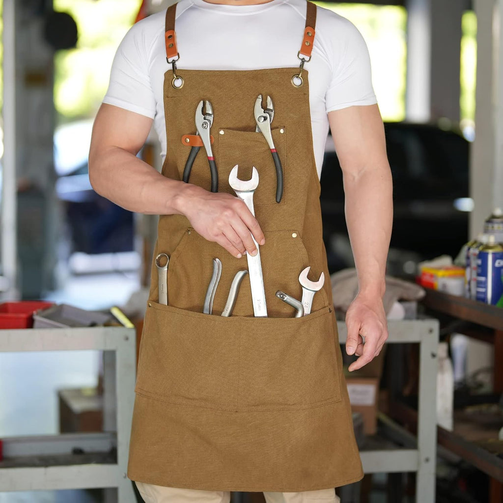 Canvas Aprons for Men Women, Heavy Duty BBQ Apron with Pockets | 100% Cotton Canvas, 16Oz Adjustable Cross Back Apron with Hardware Buckle, 32" X 27" Full Coverage, for Kitchen Grilling