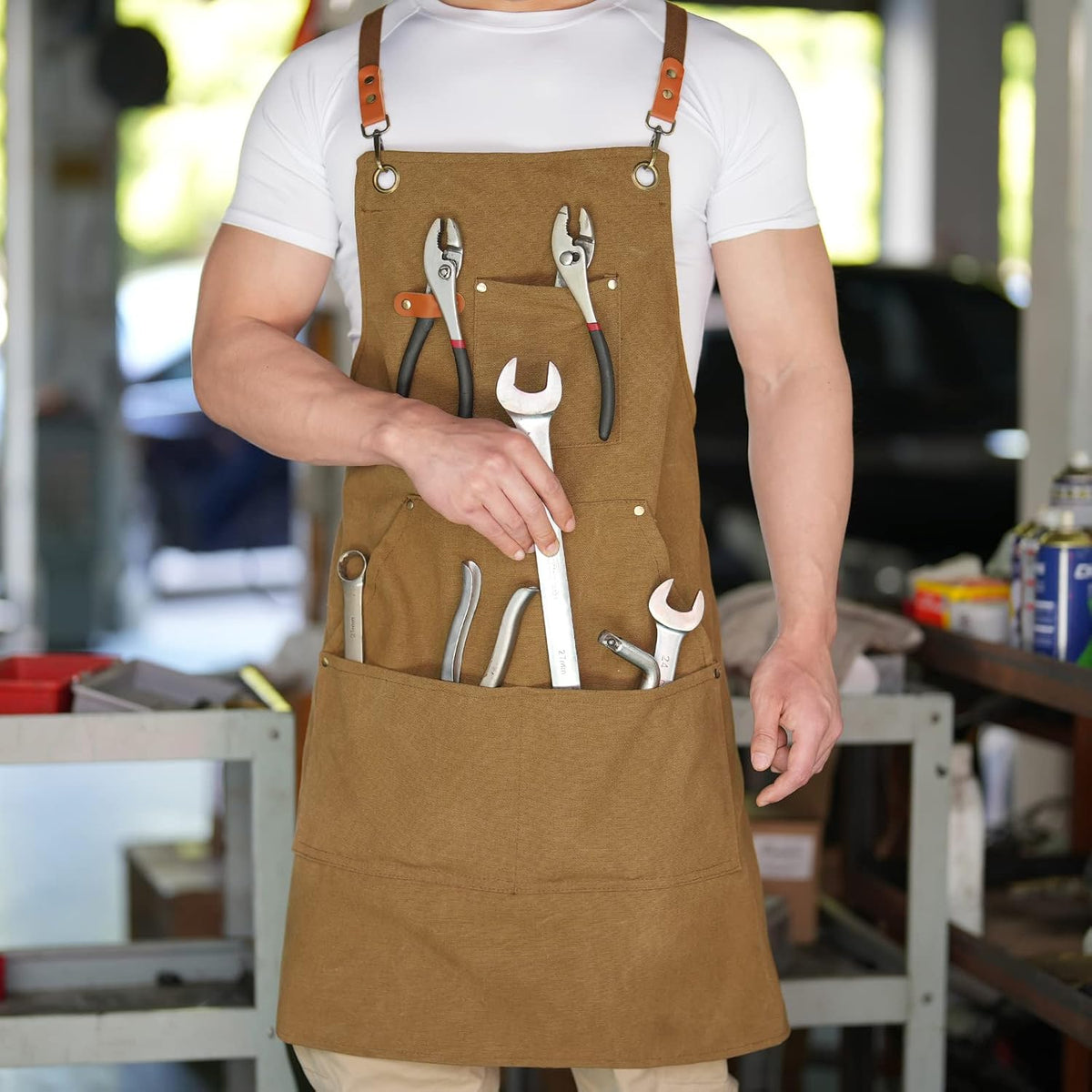 Canvas Aprons for Men Women, Heavy Duty BBQ Apron with Pockets | 100% Cotton Canvas, 16Oz Adjustable Cross Back Apron with Hardware Buckle, 32" X 27" Full Coverage, for Kitchen Grilling