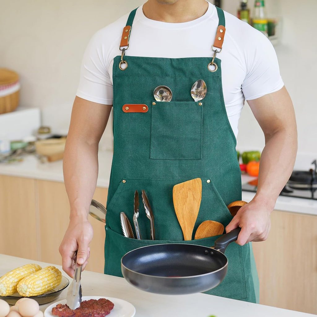 Canvas Aprons for Men Women, Heavy Duty BBQ Apron with Pockets | 100% Cotton Canvas, 16Oz Adjustable Cross Back Apron with Hardware Buckle, 32" X 27" Full Coverage, for Kitchen Grilling