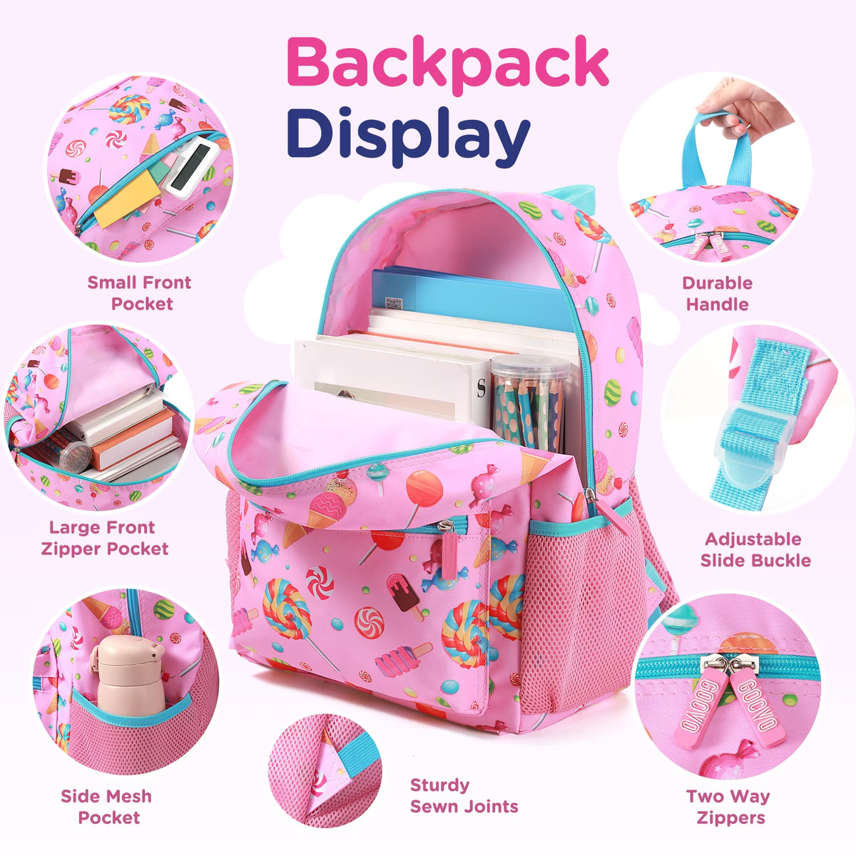 Kids Backpack for Girls, Waterproof Teens Bookbag Cute School Backpacks, Candy Pattern