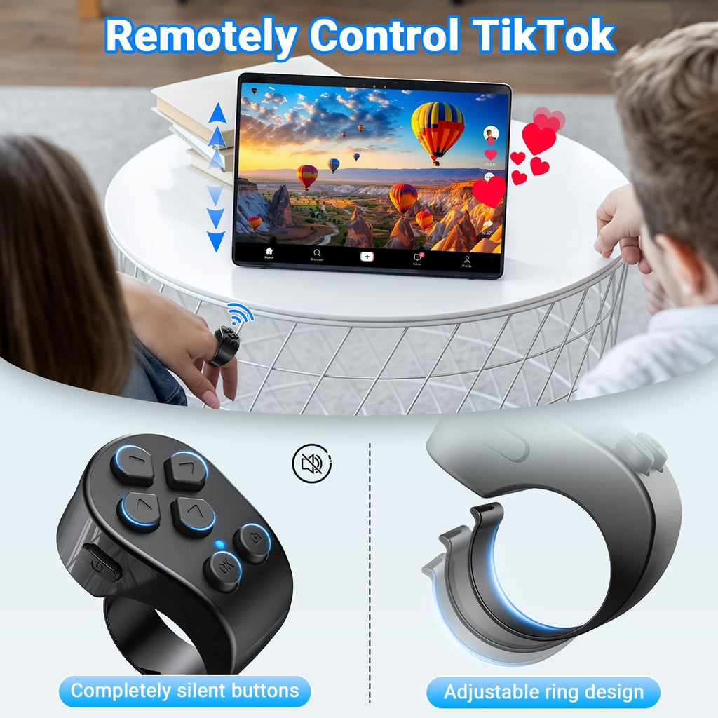 Tiktok Scrolling Ring Remote Control, Page Turner for Ipad Iphone Tablets | Wireless Camera Remote, Bluetooth Scrolling Ring for Tiktok Youtube Instagram Ios Android, Ergonomic Flexible Ring (Black)