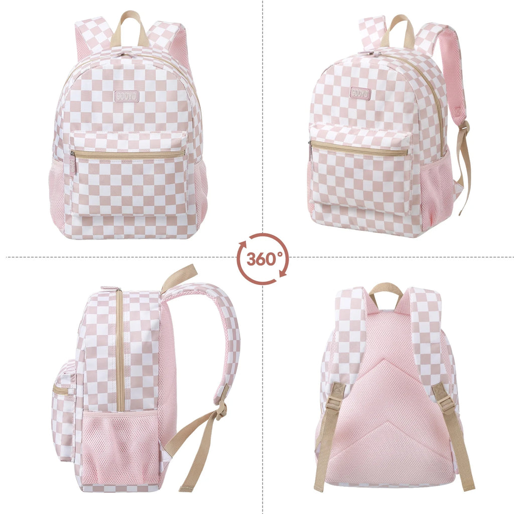 Kids Backpack for Girls, Waterproof Teens Bookbag Cute School Backpacks, Checkered Pattern
