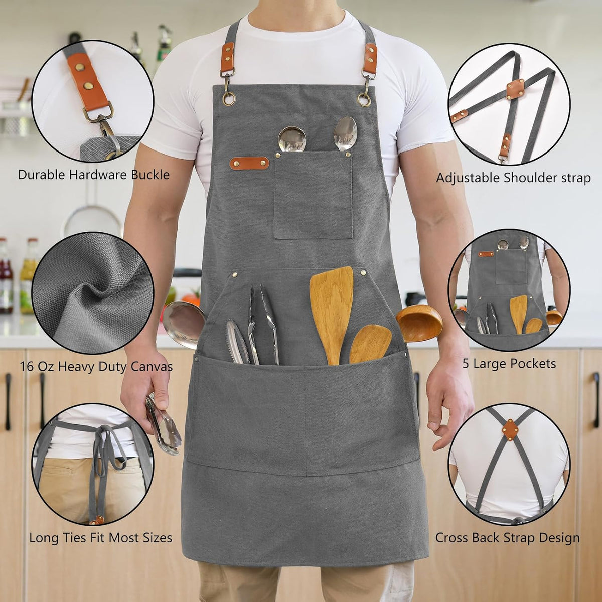 Canvas Aprons for Men Women, Heavy Duty BBQ Apron with Pockets | 100% Cotton Canvas, 16Oz Adjustable Cross Back Apron with Hardware Buckle, 32" X 27" Full Coverage, for Kitchen Grilling