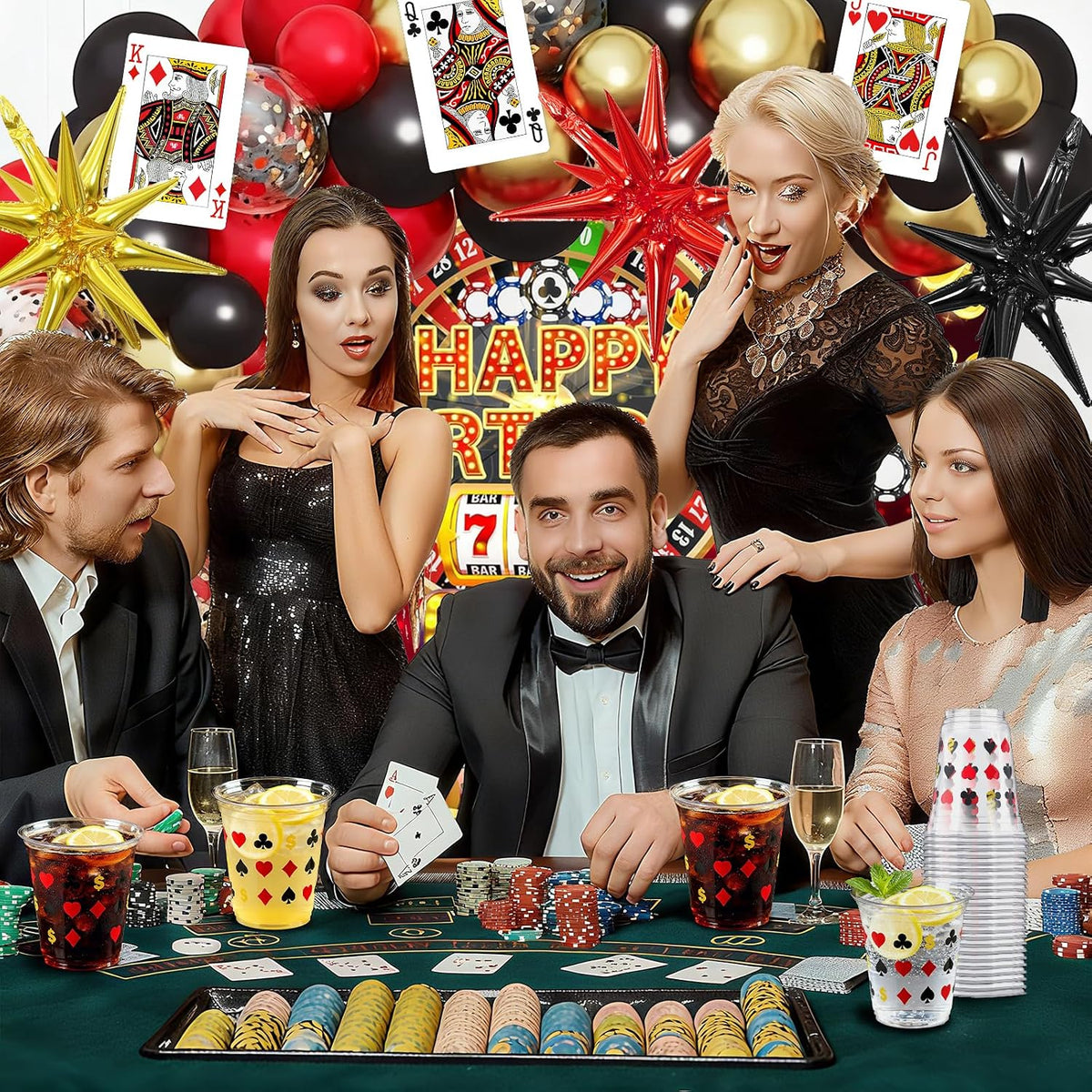 Casino Party Decorations Cups 50 Pack, Las Vegas Casino Cups 12 Oz Disposable Plastic Poker Cups with Playing Card Suits for Casino Game Night Party Supplies, Vegas Birthday Favors