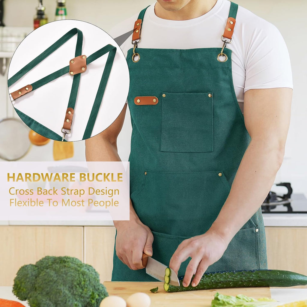 Canvas Aprons for Men Women, Heavy Duty BBQ Apron with Pockets | 100% Cotton Canvas, 16Oz Adjustable Cross Back Apron with Hardware Buckle, 32" X 27" Full Coverage, for Kitchen Grilling