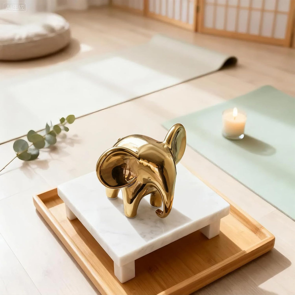 Elephant Figurine, Ceramic Elephant Statue with Metallic Mirror Finish, Modern Shelf & Table Decor, Good Luck Housewarming Gift for Living Room or Office (Female, Gold)