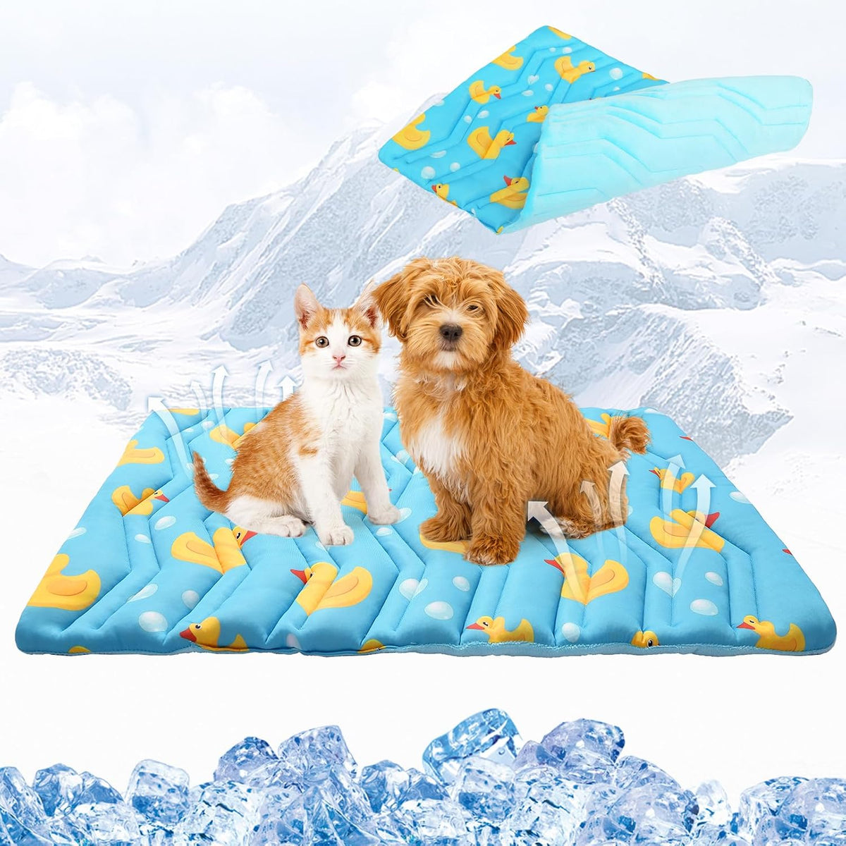 Dog Cooling Mat, Upgraded Two Sided Cooling Pad for Dogs Cats Puppy, Soft Pet Sleeping Blanket Keep Cool in Summer with Cute Duck Pattern, Washable Waterproof for Crate Sofa Bed, Blue L