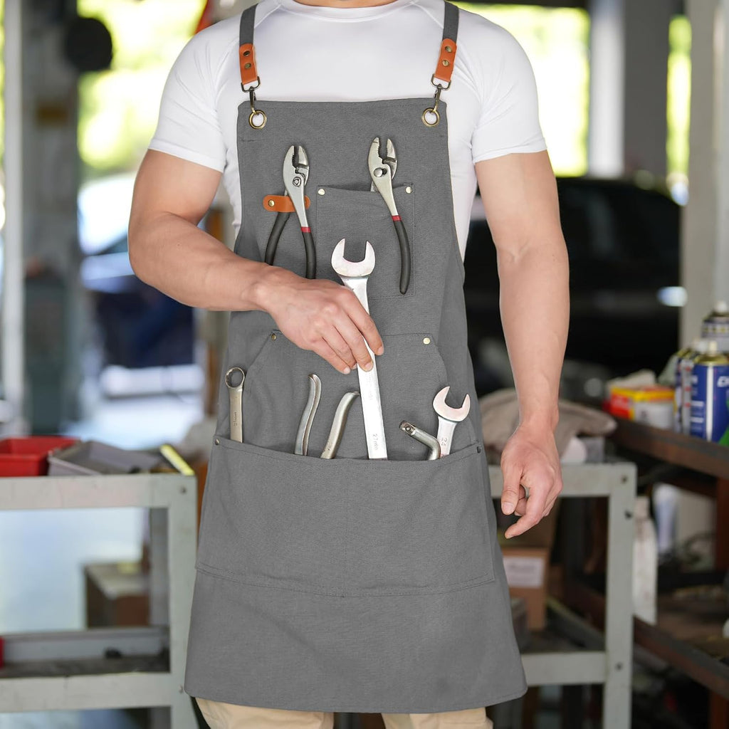 Canvas Aprons for Men Women, Heavy Duty BBQ Apron with Pockets | 100% Cotton Canvas, 16Oz Adjustable Cross Back Apron with Hardware Buckle, 32" X 27" Full Coverage, for Kitchen Grilling