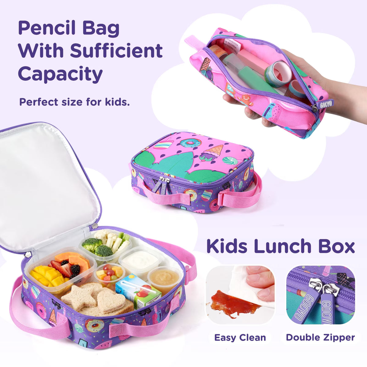 Kids Backpack for Girls, Waterproof Teens Bookbag Cute School Backpacks, Students Bookbag Set with Lunch Box(Donut)