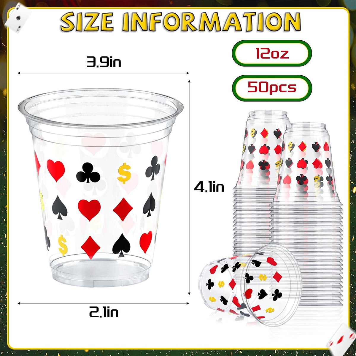 Casino Party Decorations Cups 50 Pack, Las Vegas Casino Cups 12 Oz Disposable Plastic Poker Cups with Playing Card Suits for Casino Game Night Party Supplies, Vegas Birthday Favors