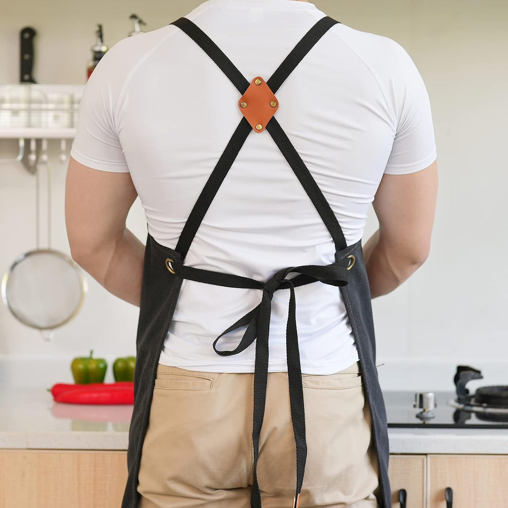 Canvas Aprons for Men Women, Heavy Duty BBQ Apron with Pockets | 100% Cotton Canvas, 16Oz Adjustable Cross Back Apron with Hardware Buckle, 32" X 27" Full Coverage, for Kitchen Grilling