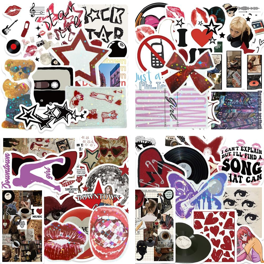100Pcs Aesthetic Downtown Girls Stickers Pack, Aesthetic Holographic Stickers, Vinyl Waterproof Glitter Sticker, Cool Trendy Y2K Retro Sticker for Water Bottle Laptop Skateboard Party Supplies
