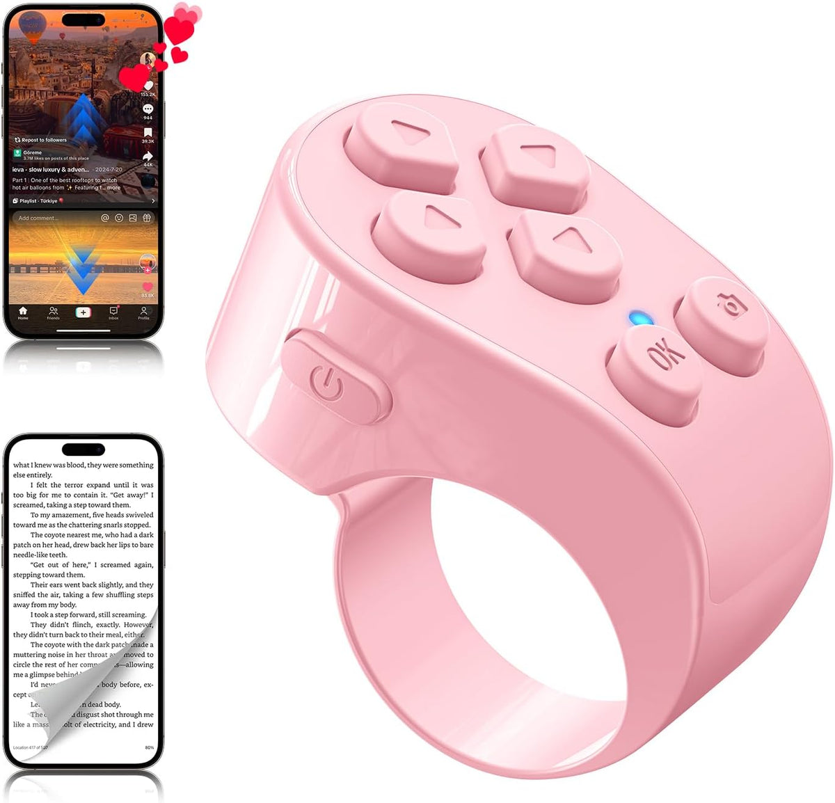 Tiktok Scrolling Ring Remote Control, Page Turner for Ipad Iphone Tablets | Wireless Camera Remote, Bluetooth Scrolling Ring for Tiktok Youtube Instagram Ios Android, Ergonomic Flexible Ring (Pink)