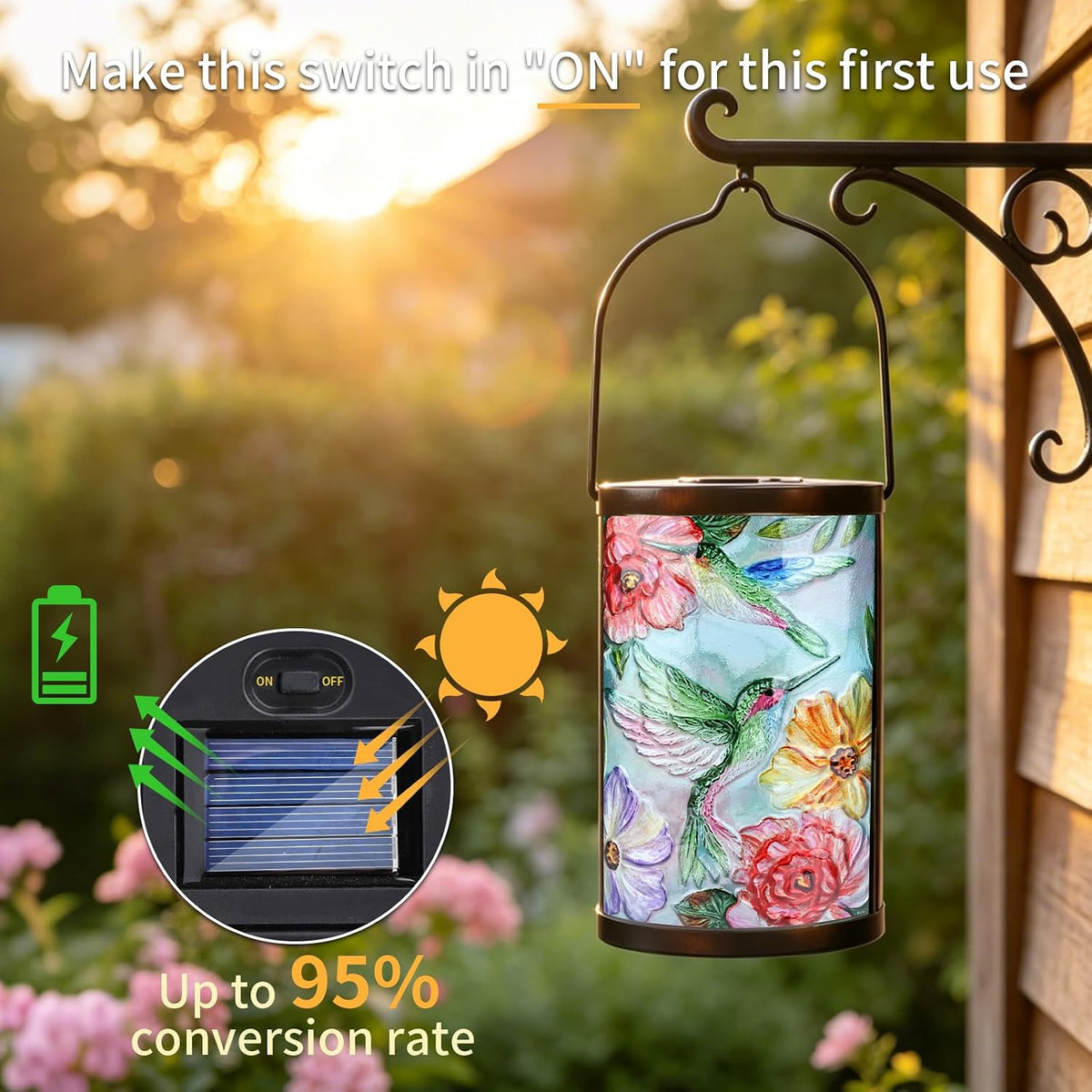 Hummingbird Solar Lantern Waterproof Outdoor Hanging Garden Light | Raised Hummingbird Artwork, Colorful Fused Glass, Warm Dusk Glow, Solar Auto On/Off, Hangs or Stands on Patio and Porch
