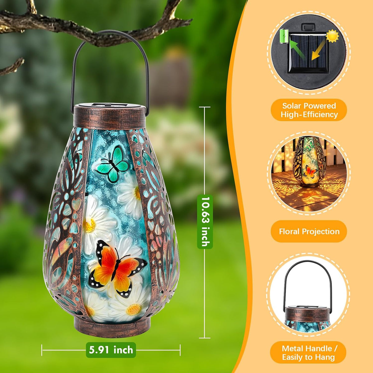 Butterfly Solar Lantern Outdoor Waterproof Hanging Garden Lights | Butterfly Artwork, Warm Glow with Floral Shadows, Solar Powered, Weather-Resistant Hanging Decor for Patio Garden and Yard