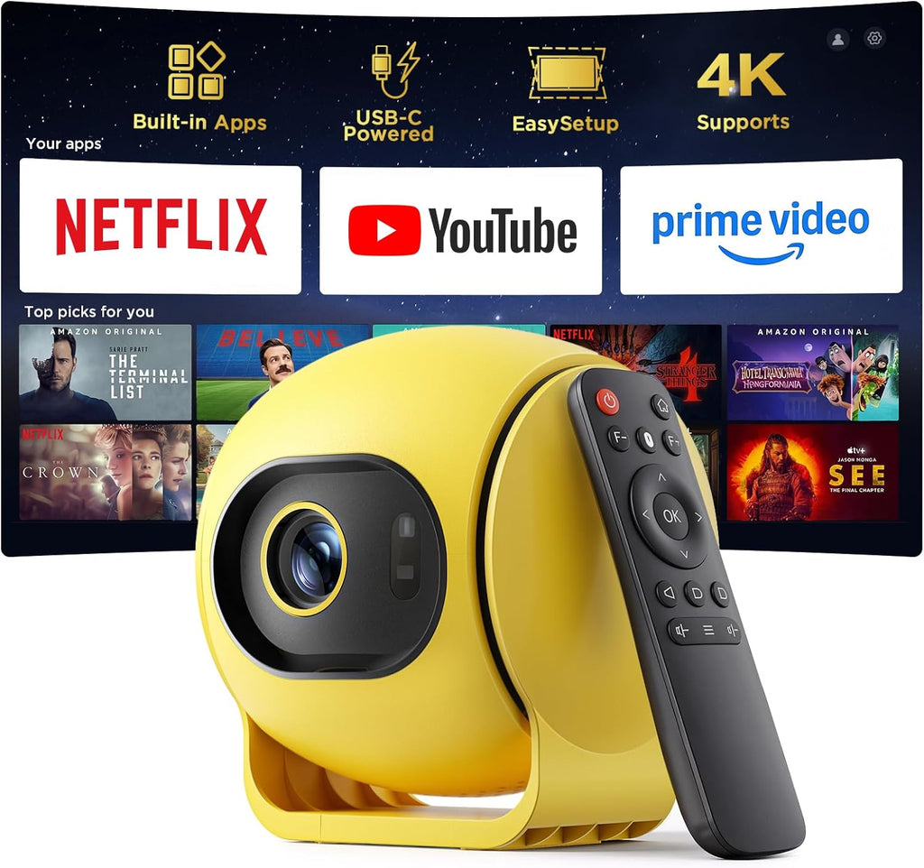 [ Ultra Short Throw & Built-In Apps ] Android 14 Smart Projector with Wifi and Bluetooth, USB-C Powered, 1080P FHD HDR10, Auto Focus/Keystone,  Mini Portable Projector for Bedroom/Outdoor, Yellow