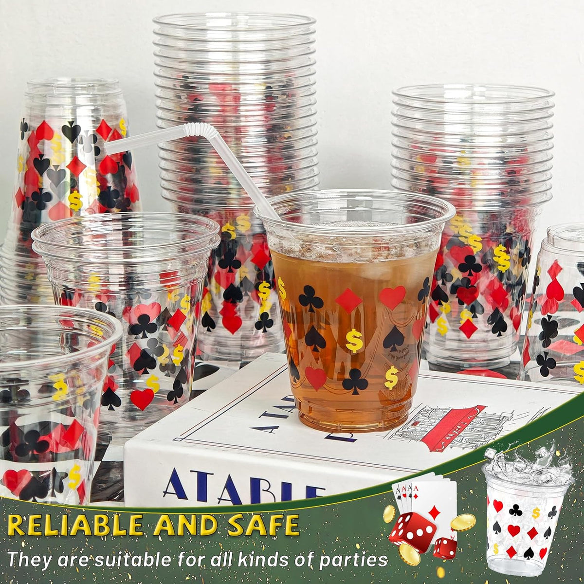 Casino Party Decorations Cups 50 Pack, Las Vegas Casino Cups 12 Oz Disposable Plastic Poker Cups with Playing Card Suits for Casino Game Night Party Supplies, Vegas Birthday Favors