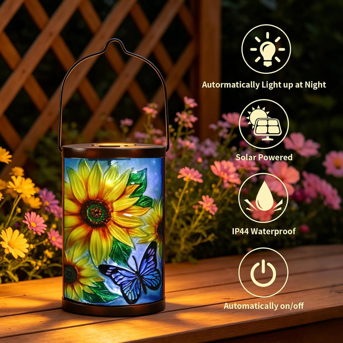 Sunflower Solar Lantern Outdoor Waterproof Hanging Garden Lights | Raised Sunflower Artwork, Colorful Fused Glass, Warm Dusk Glow, Solar Auto On/Off, Hangs or Stands on Patio, Porch and Garden
