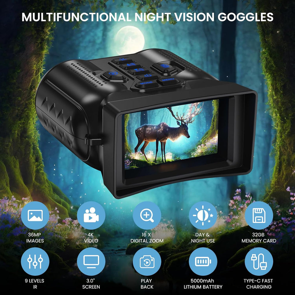4K Night Vision Goggles for Adult,1000Ft View Range Night Vision Binoculars | Infrared Binoculars with 5000Mah Rechargeable Battery,16X Zoom,32Gb TF Card,Photo&Video Recording,Compact,Ideal Gifts for Men