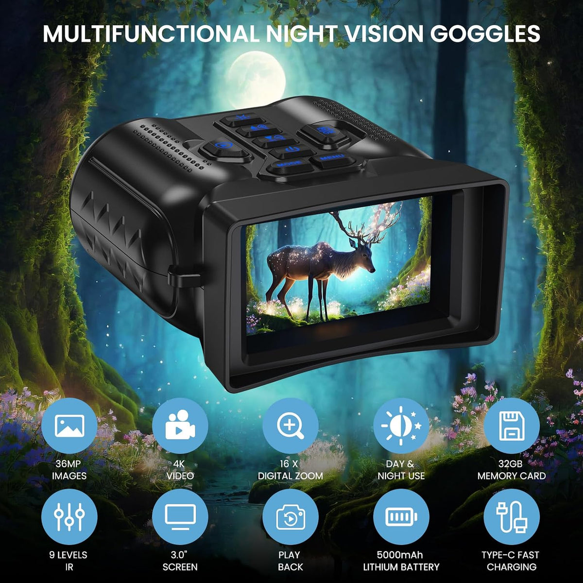 4K Night Vision Goggles for Adult,1000Ft View Range Night Vision Binoculars | Infrared Binoculars with 5000Mah Rechargeable Battery,16X Zoom,32Gb TF Card,Photo&Video Recording,Compact,Ideal Gifts for Men