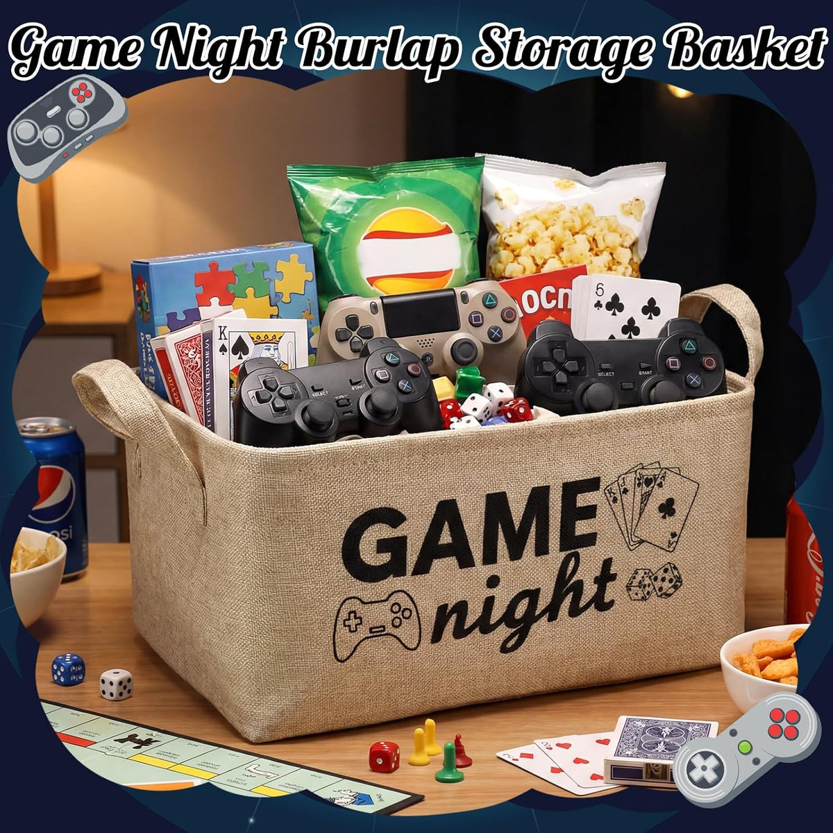 Game Night Snack Tray Game Night Gift Basket Dice and Poker Design Reusable Burlap Storage Organizer Basket for Fun Housewarming Gift for Families
