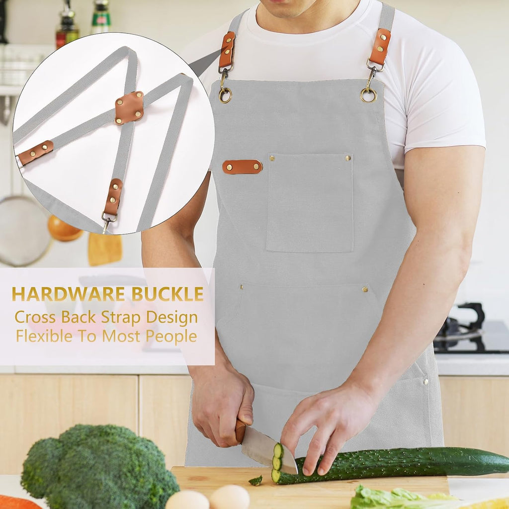 Canvas Aprons for Men Women, Heavy Duty BBQ Apron with Pockets | 100% Cotton Canvas, 16Oz Adjustable Cross Back Apron with Hardware Buckle, 32" X 27" Full Coverage, for Kitchen Grilling