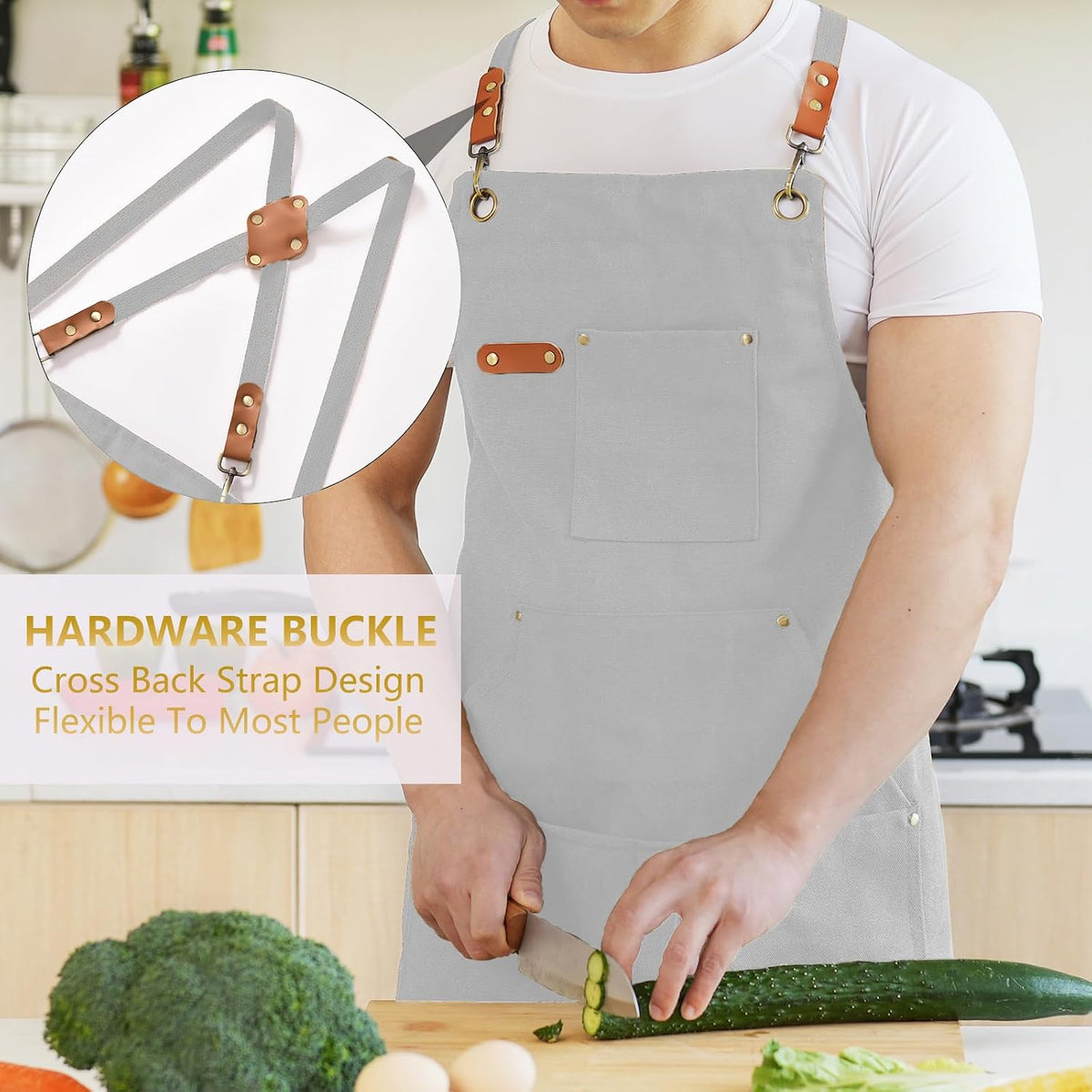 Canvas Aprons for Men Women, Heavy Duty BBQ Apron with Pockets | 100% Cotton Canvas, 16Oz Adjustable Cross Back Apron with Hardware Buckle, 32" X 27" Full Coverage, for Kitchen Grilling