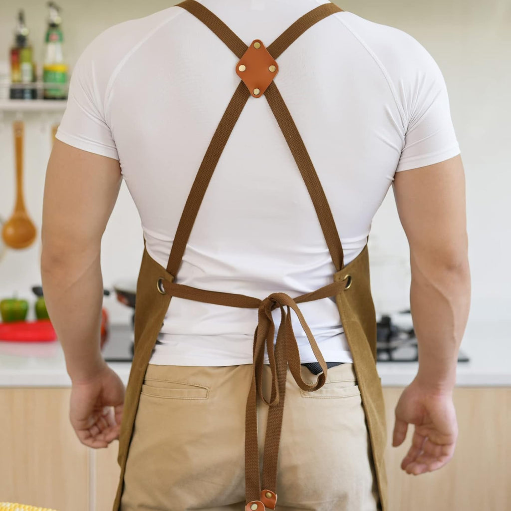 Canvas Aprons for Men Women, Heavy Duty BBQ Apron with Pockets | 100% Cotton Canvas, 16Oz Adjustable Cross Back Apron with Hardware Buckle, 32" X 27" Full Coverage, for Kitchen Grilling