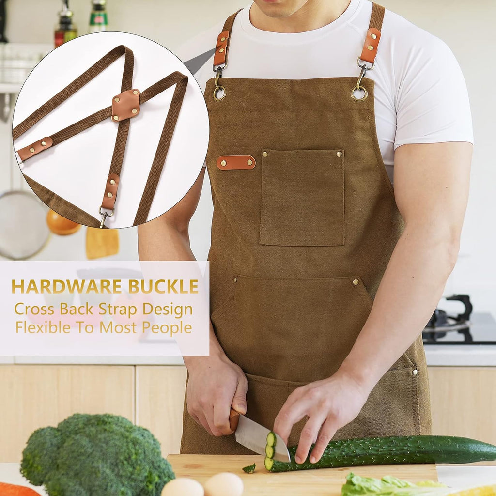 Canvas Aprons for Men Women, Heavy Duty BBQ Apron with Pockets | 100% Cotton Canvas, 16Oz Adjustable Cross Back Apron with Hardware Buckle, 32" X 27" Full Coverage, for Kitchen Grilling