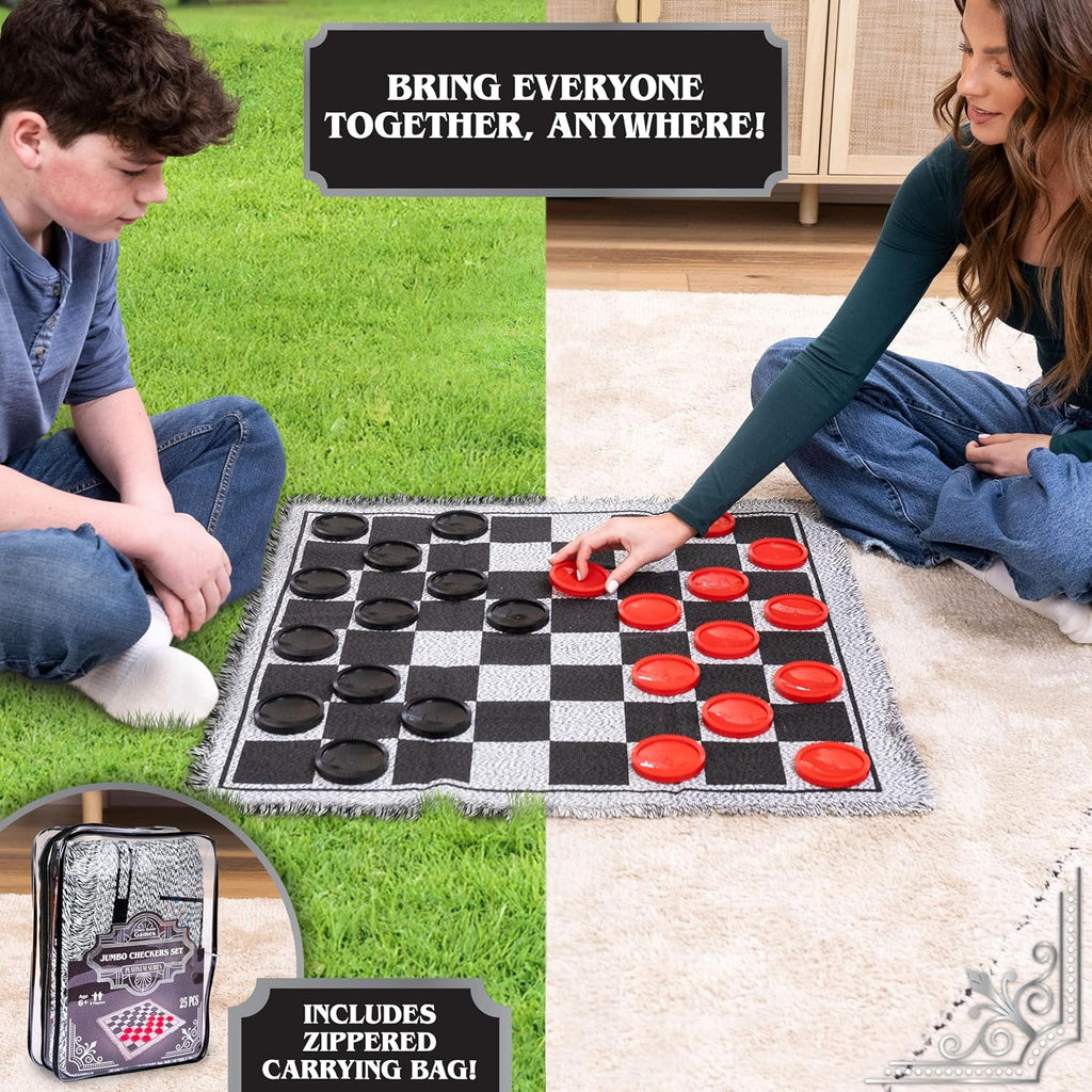 Giant Checkers Set - 3-In-1 with Reversible Mat - Ages 6+ | 28 in Play Surface, 25 Jumbo Pieces, Plastic Construction, Includes Storage Bag, 2 Player Game, 26 X 26 in Board