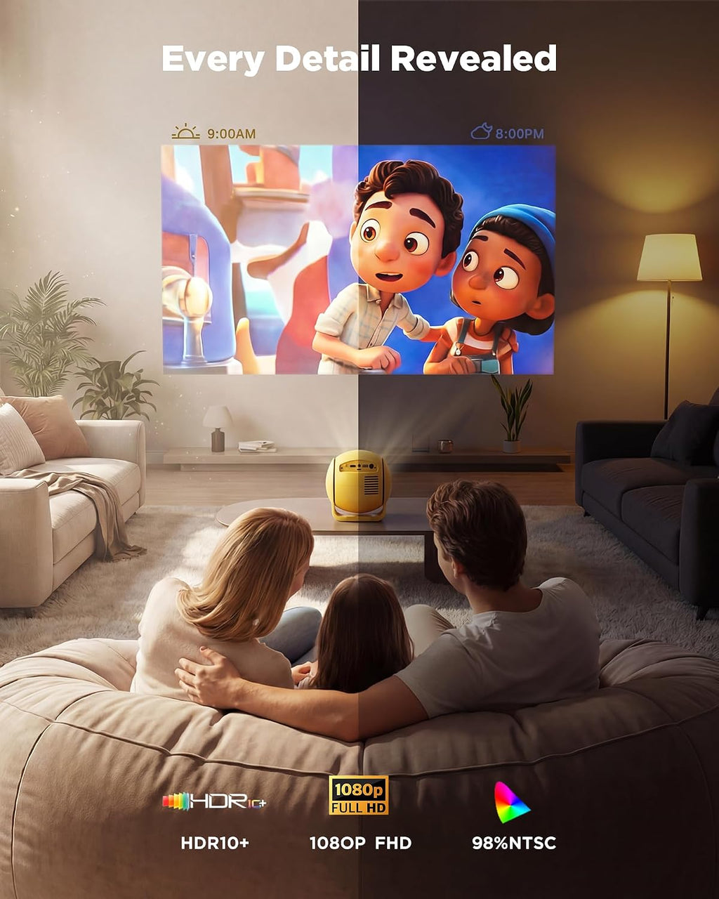 [ Ultra Short Throw & Built-In Apps ] Android 14 Smart Projector with Wifi and Bluetooth, USB-C Powered, 1080P FHD HDR10, Auto Focus/Keystone,  Mini Portable Projector for Bedroom/Outdoor, Yellow