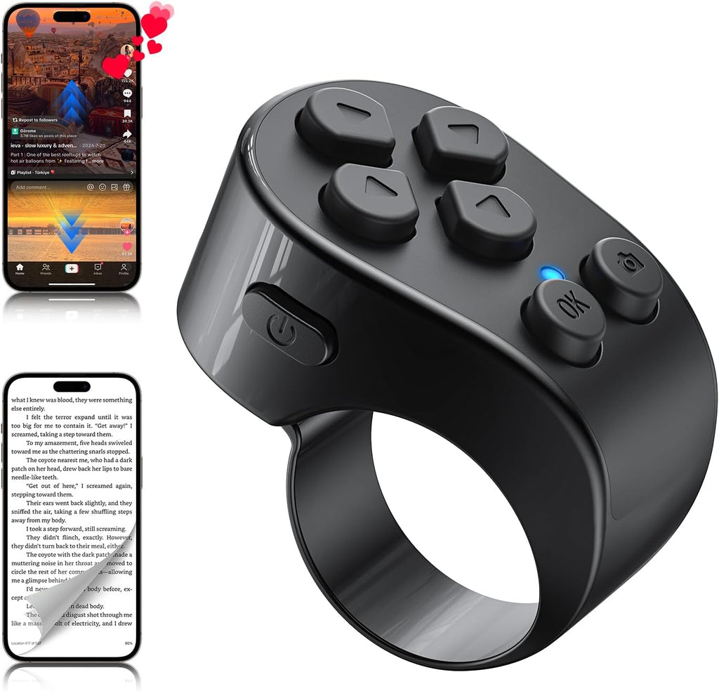 Tiktok Scrolling Ring Remote Control, Page Turner for Ipad Iphone Tablets | Wireless Camera Remote, Bluetooth Scrolling Ring for Tiktok Youtube Instagram Ios Android, Ergonomic Flexible Ring (Black)
