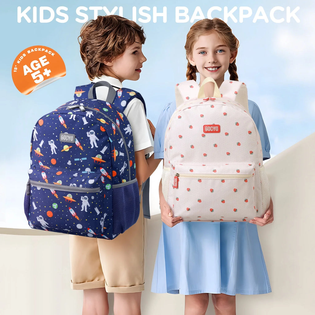 Kids Backpack for Girls, Waterproof Teens Bookbag Cute School Backpacks, Beige Strawberry Pattern