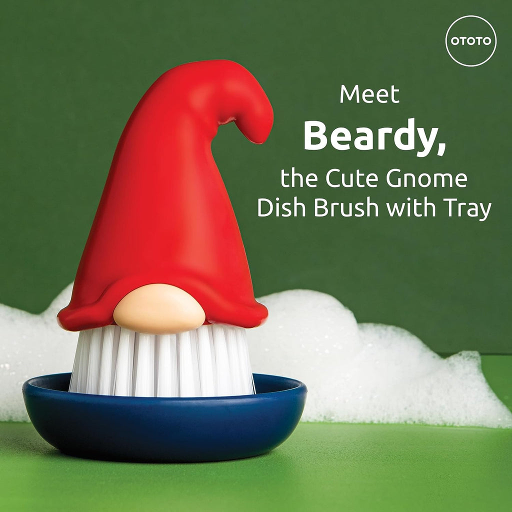 Gnome Dish Brush with Handle - Cleaning Brush, Vegetable Brush, Dish Scrub, Gnome Handle, Unique Kitchen Gadgets, Funny Kitchen Tools, Useful Gifts for Women (Beardy Red)
