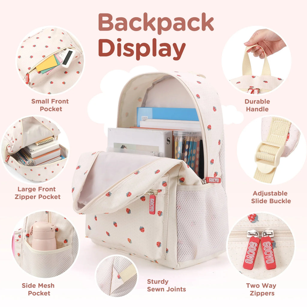 Kids Backpack for Girls, Waterproof Teens Bookbag Cute School Backpacks, Beige Strawberry Pattern